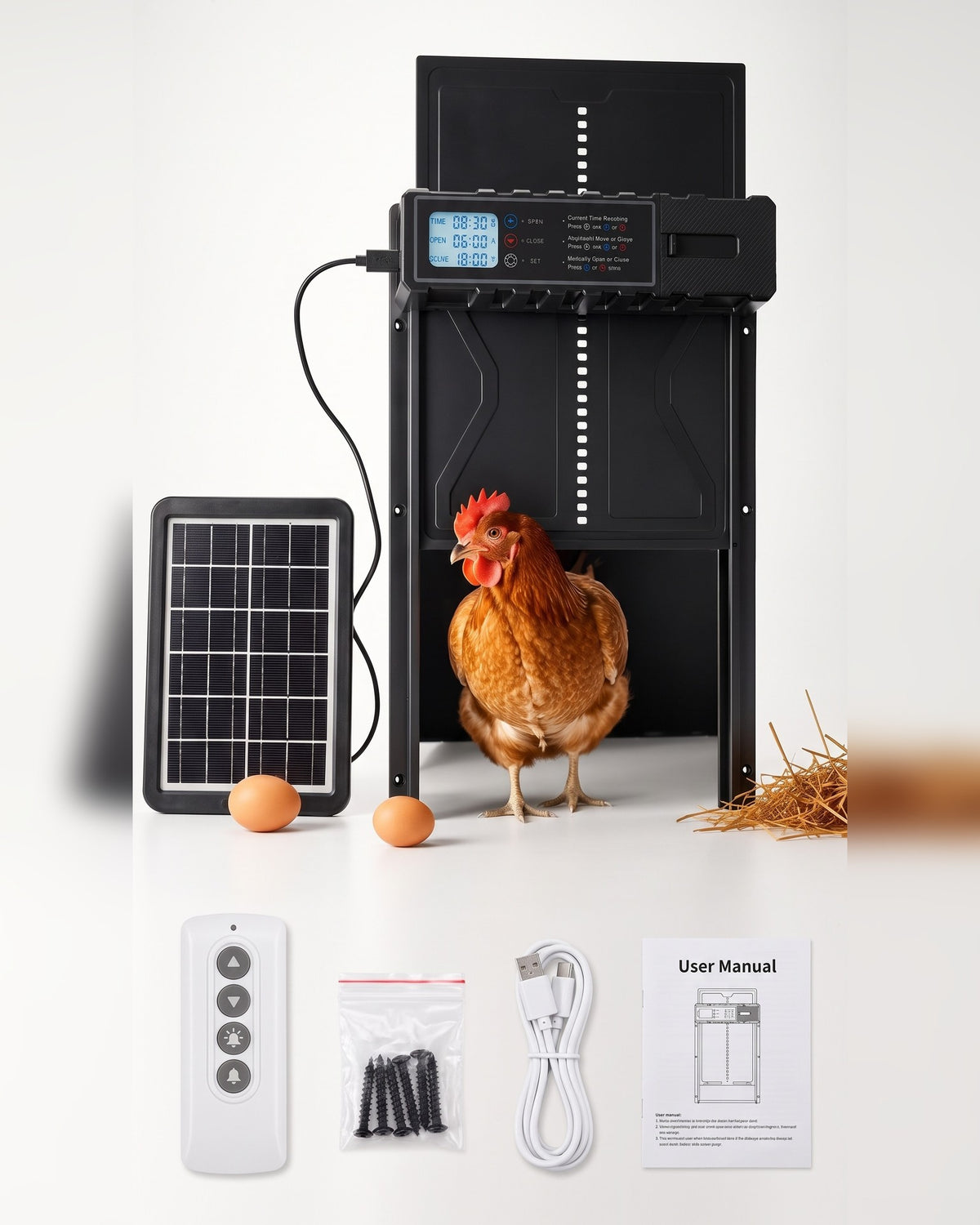 Coffret complet Poulailler Sûr : porte automatique aluminium avec écran LCD, panneau solaire, télécommande, visserie, câble USB-C et notice