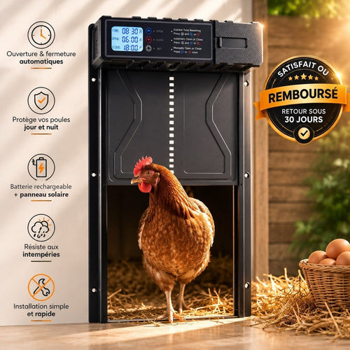 Les 5 atouts de la porte Poulailler Sûr : ouverture automatique, protection jour et nuit, batterie rechargeable + panneau solaire, résiste aux intempéries, installation simple