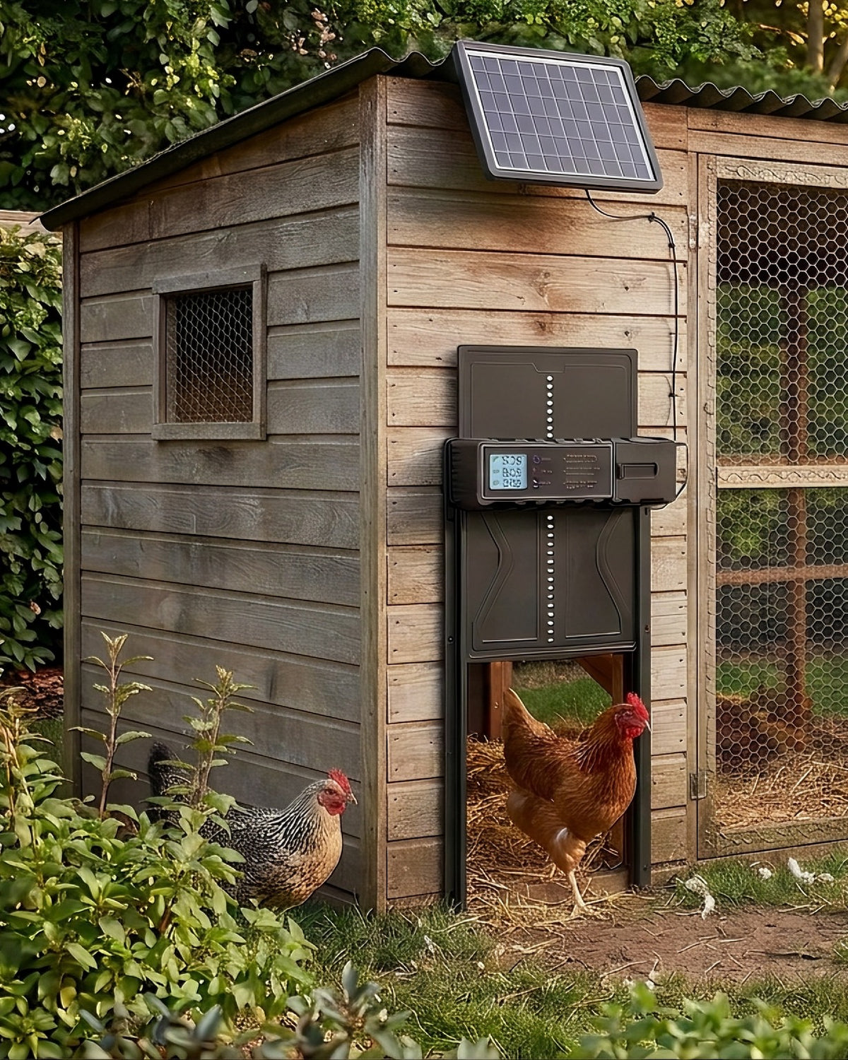 Porte automatique Poulailler Sûr installée sur un poulailler en bois : poule sortant par la trappe ouverte, panneau solaire fixé au toit